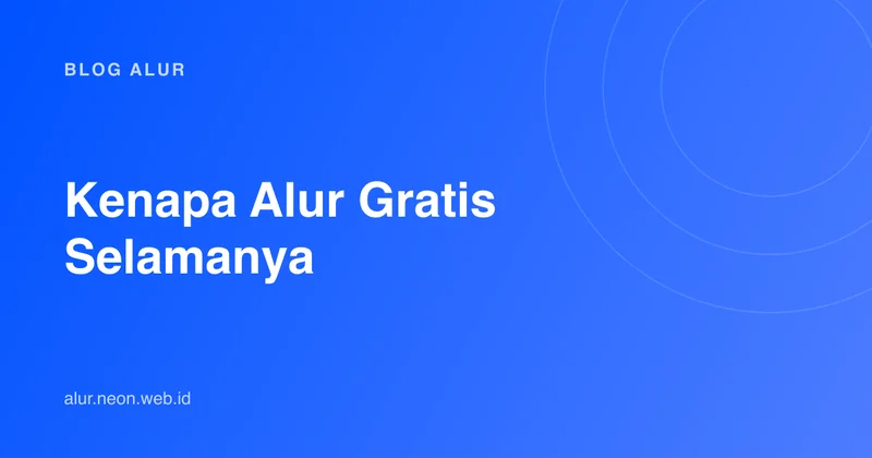 Ilustrasi sampul biru bermerek Alur, melambangkan aplikasi yang gratis tanpa biaya tersembunyi