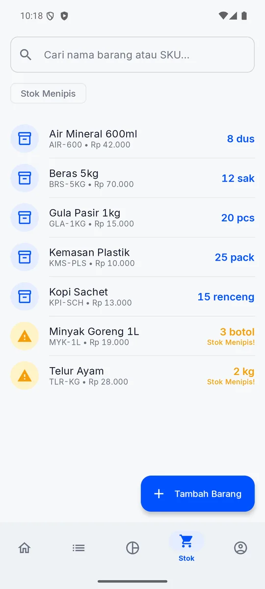 Layar Daftar Stok Barang di Alur menampilkan daftar barang dagangan beserta jumlah stok masing-masing.