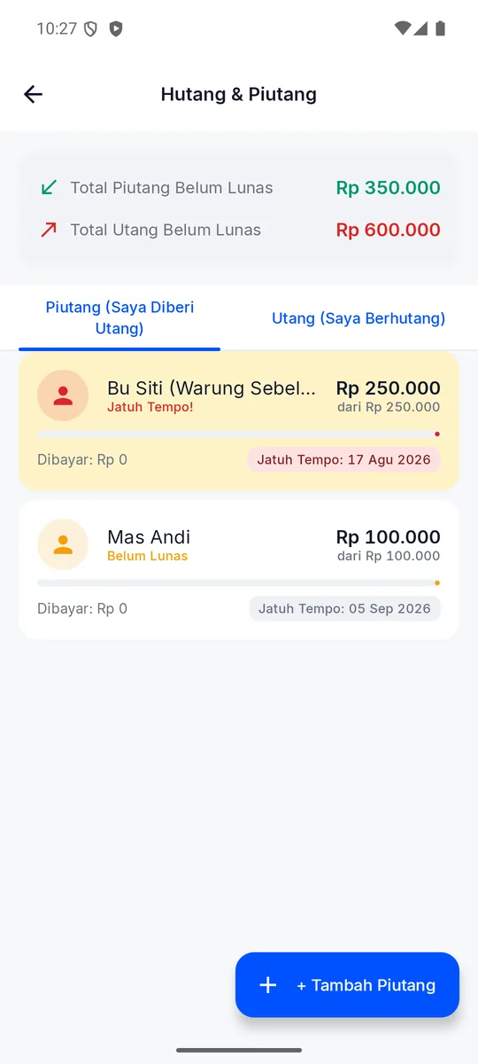 Layar Piutang aplikasi Alur